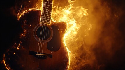 Naklejka premium An acoustic guitar engulfed in flames, creating a dramatic visual effect amidst swirling smoke and light