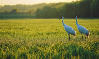 Fototapeta premium The vast grassland is full of lush green, with two elegant cranes standing on the field, looking at each other in a graceful manner