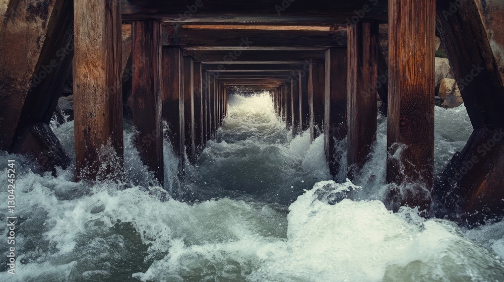 Aufkleber water surges between wooden structure channels, highlighting the raw energy and dynamic movement of 