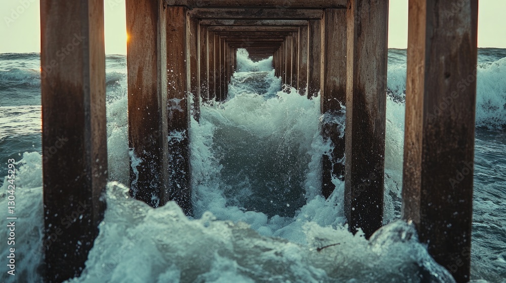 Poster water surges between wooden structure channels, highlighting the raw energy and dynamic movement of 