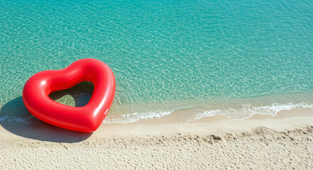 Naklejka premium Red inflatable heart-shaped empty buoy swims in the beach shore. top view. copy space.
