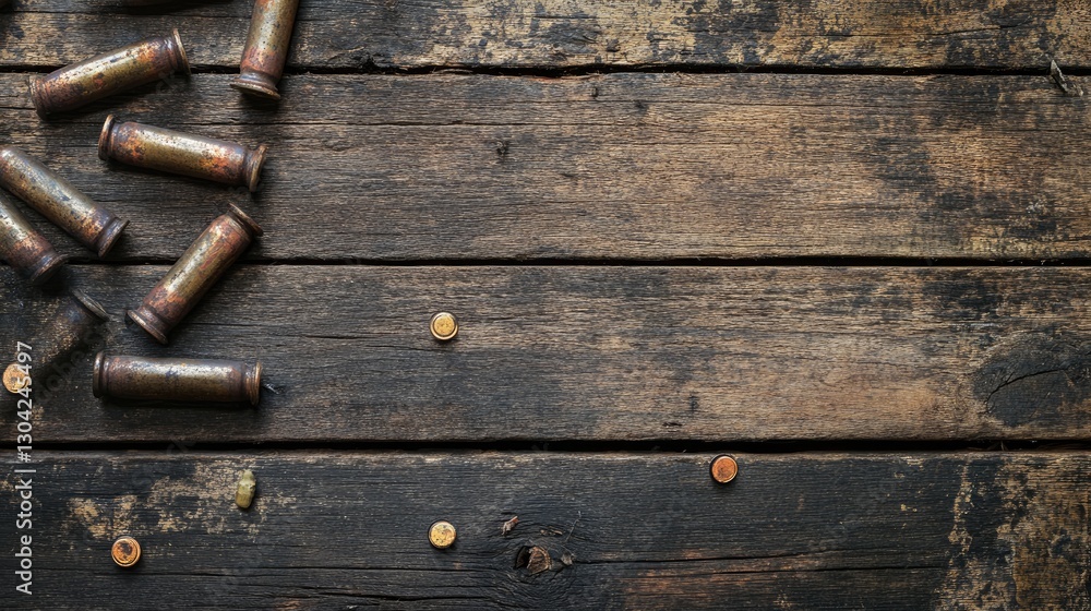 Poster weathered wood surface with rusty ammo scattered on it, evoking a nostalgic war relic scene, set in 