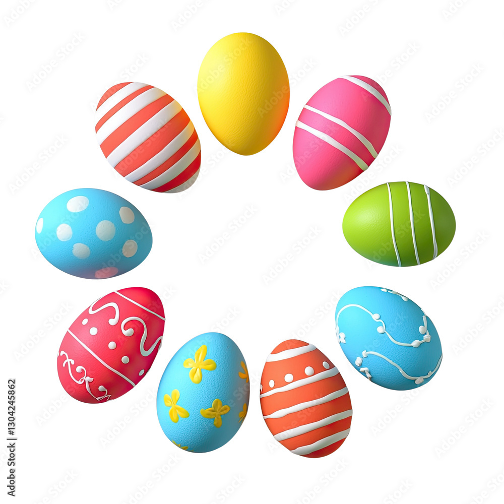 Poster colorful easter eggs in various designs arranged in circular pattern on bright background