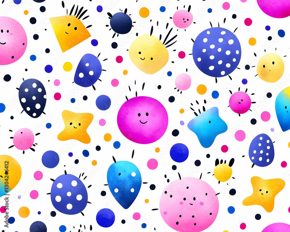 Poster colorful characters in a whimsical scattered dot pattern on white background