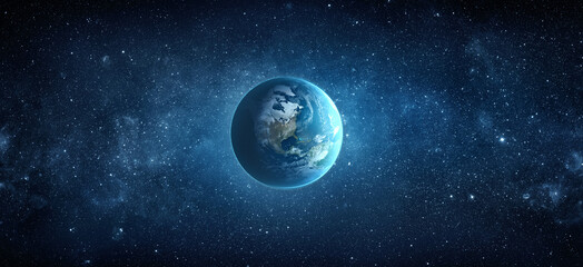 Panoramic view of the Earth, stars and galaxy. Planet Earth, view from space. Space fantasy. Elements of this image furnished by NASA.