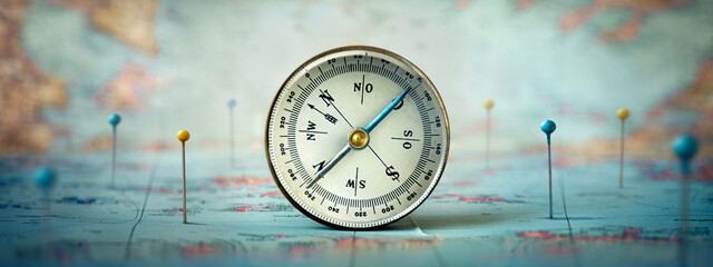 Magnetic compass  and location marking with a pin on routes on world map. Adventure, discovery,...