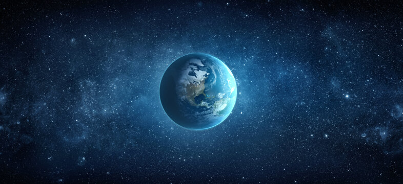 Panoramic view of the Earth, stars and galaxy. Planet Earth, view from space. Space fantasy. Elements of this image furnished by NASA.