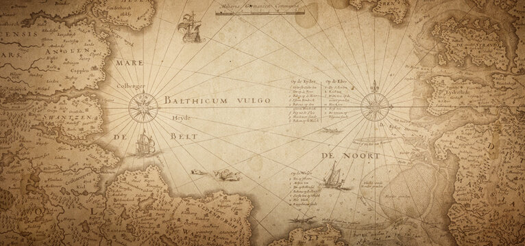 Old map collage background. A concept on the topic of sea voyages, discoveries, pirates, sailors, geography, travel .