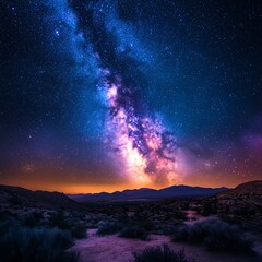 Fototapeta premium A vivid night sky over a desert landscape, the Milky Way stretched across the sky, with deep blue and purple tones illuminating the peaceful desert below