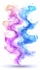 Colorful fluid twisting and rising with sparkles on isolated white background