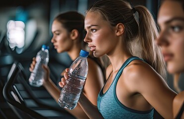 Three beautiful women in the gym are using walking machines and drinking water from bottles. One woman with long hair is running on an electric treadmill and drinking from a bottle.
