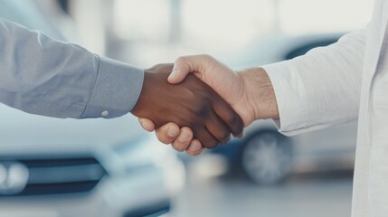 Buyer and dealership employee exchange a handshake to finalize the sale of a new vehicle in a modern showroom