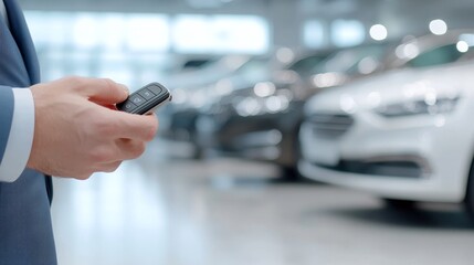 A man joyfully accepts a new key fob in a luxury car showroom filled with premium models