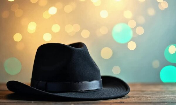 Stylish black fedora hat on a wooden table with bokeh lights