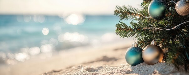A festive Christmas tree adorned with blue and gold ornaments sits on a sandy beach, with the serene ocean in the background.