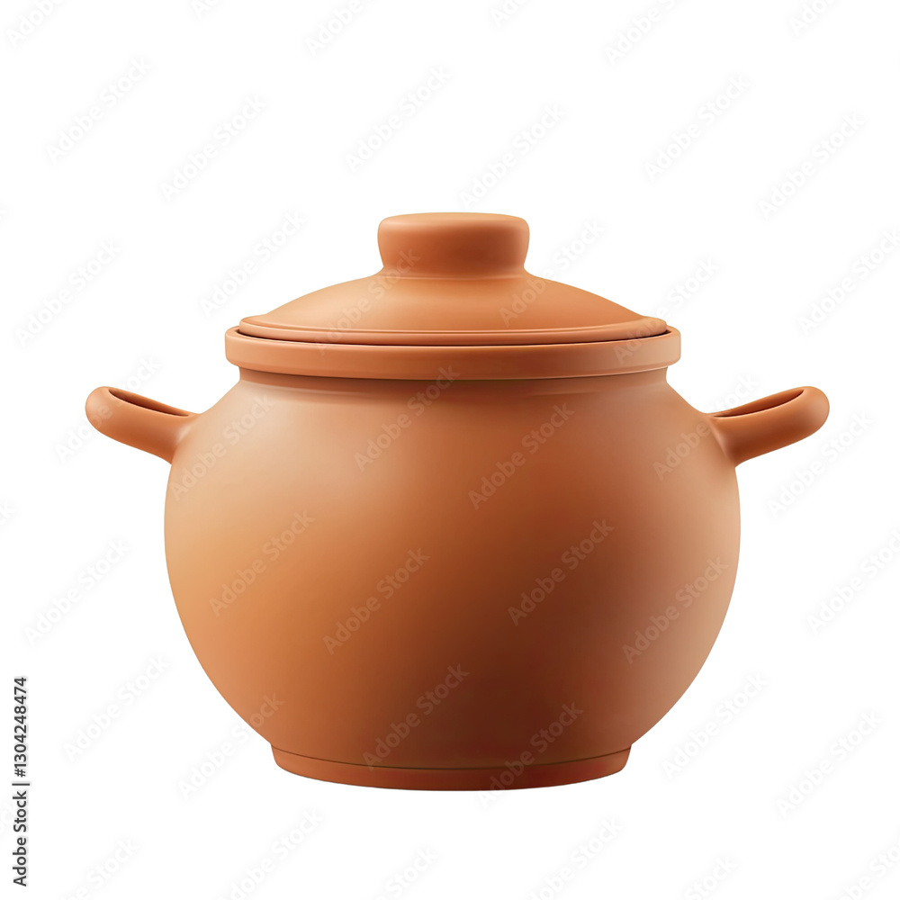 Poster rustic clay pot with lid on a white background for culinary and decorative use