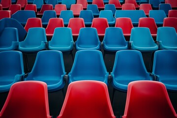 Fototapeta premium Blue seats in an outdoor stadium, rows of seats, advertising photography