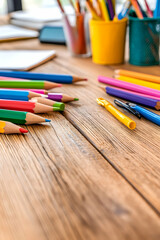 Colorful pencils on wooden table