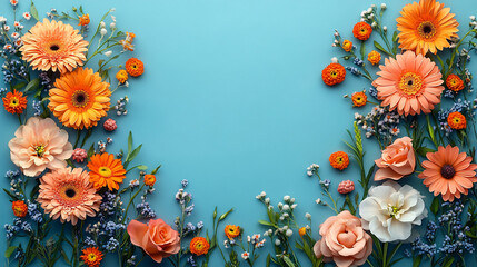A vibrant arrangement of peach and orange Gerbera daisies, ranunculus, and tiny flowers on a light blue background, perfect for spring-themed events like Mother's Day or weddings.