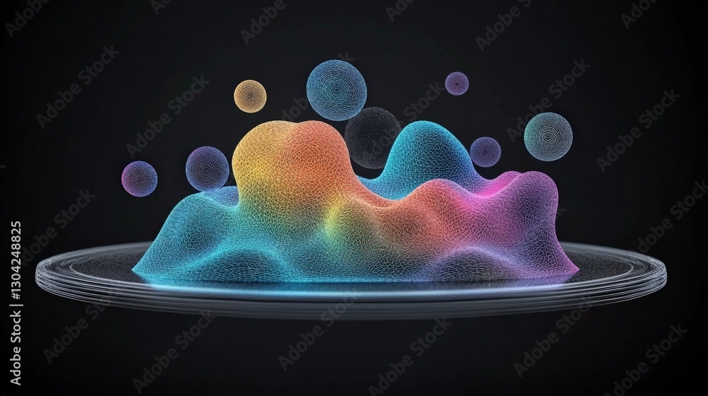 Poster colorful abstract 3d wave with bubbles on dark background display