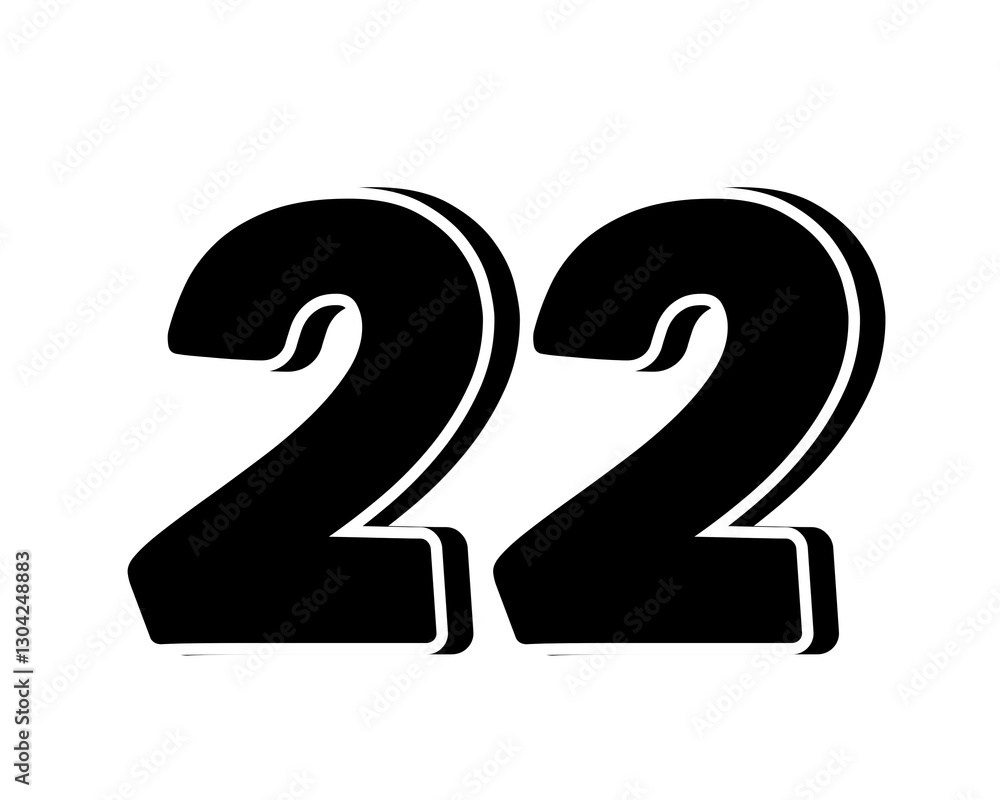 Poster stylized black number 22 on transparent background, with a bold, 3d appearance and shadow effects fo