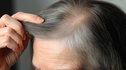 Obraz premium A senior woman examining her thinning hair