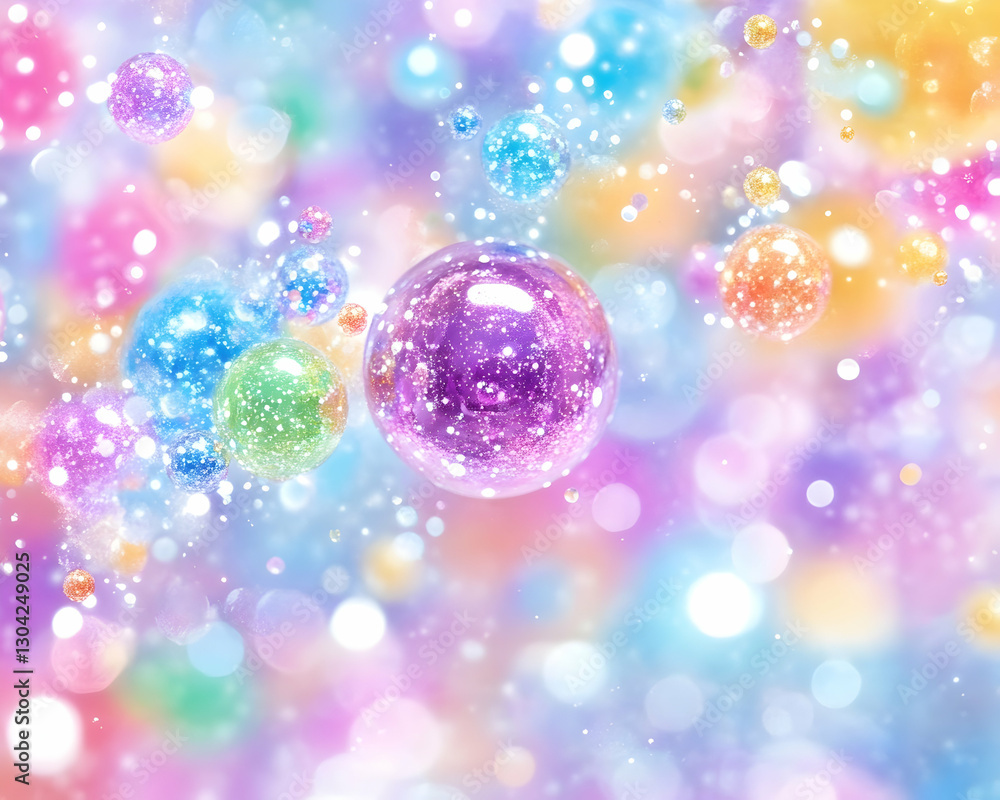 Poster colorful spheres floating abstractly. defocused bokeh background with light