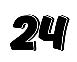 Stylized black number 24 on transparent background, with a bold, 3D appearance and shadow effects for added depth and dimension for design elements 