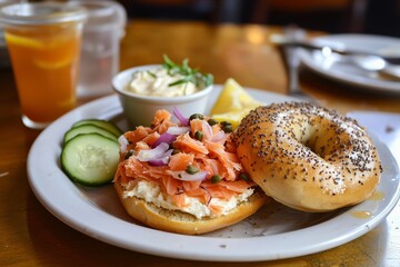 classic bagel breakfast with smoked salmon, cream cheese, capers, and red onions, with a side of sliced cucumber and lemon wedges