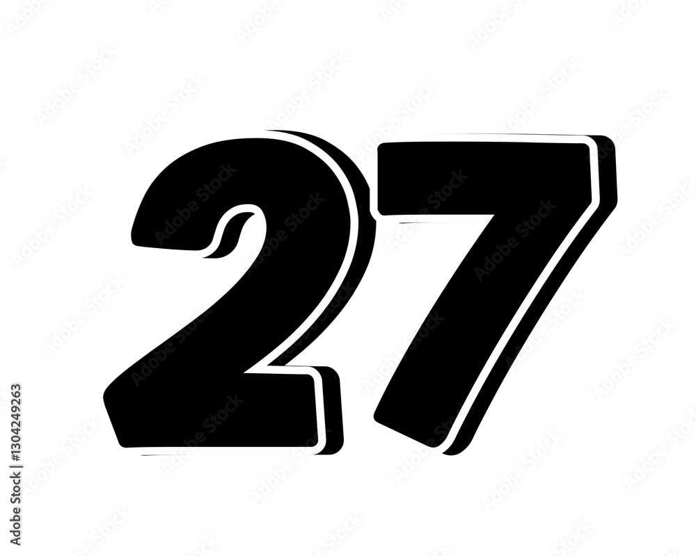 Poster stylized black number 27 on transparent background, with a bold, 3d appearance and shadow effects fo
