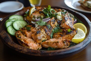 classic bagel breakfast with smoked salmon, cream cheese, capers, and red onions, with a side of sliced cucumber and lemon wedges