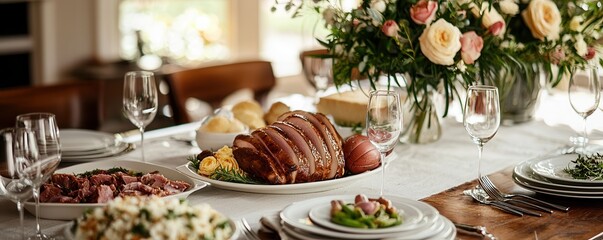 A beautifully arranged dining table featuring an elegant feast with various dishes, complemented by floral centerpieces and fine tableware.