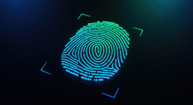 Neon fingerprint scan glows, symbolizing digital security and access.