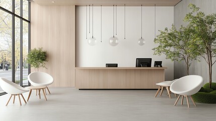 Modern office lobby with minimalist design, featuring wooden accents, elegant furniture, and natural light flooding the space.