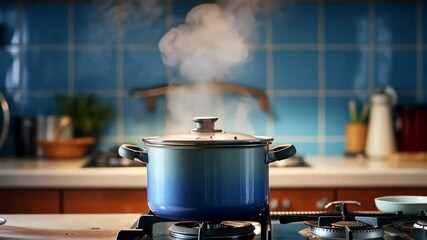 A steaming pot on a stove in a cozy kitchen, captured from a side angle. The video style emphasizes warmth and homeliness with soft lighting.