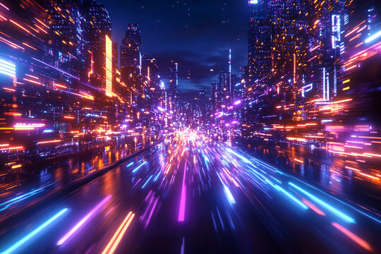 Cyberpunk Memphis aesthetics with glitchy colorful light trails, abstract retro shapes, high-contrast grids, neon futuristic vibes, digital distortion, and synthwave elements