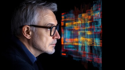 Middle-aged man contemplating digital data in modern workspace