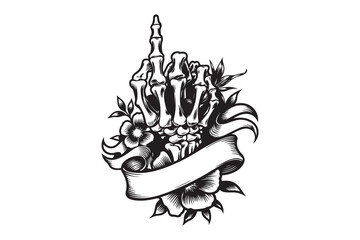 Skeleton Hand with Flowers and Banner Design VECTOR