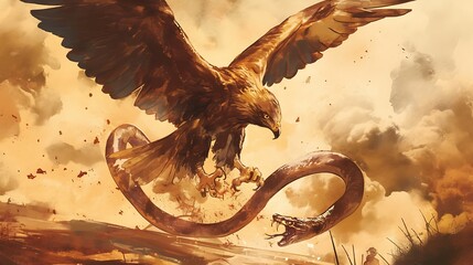 A golden eagle soars high in the sky, clutching a giant snake in its talons