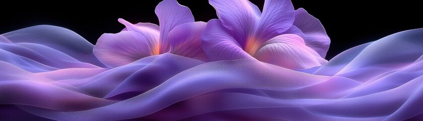 A vibrant arrangement of purple flowers is elegantly displayed against a rich black background, nestled within a luxurious purple fabric that enhances their beauty and depth.