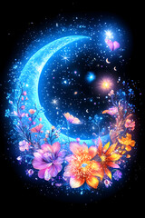 Fototapeta premium Crescent Moon Blooms Flowers Shine with Stars in a Dreamy Night Sky
