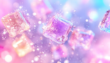 Cubes floating, sparkling in a vibrant, colorful bokeh background. Abstract