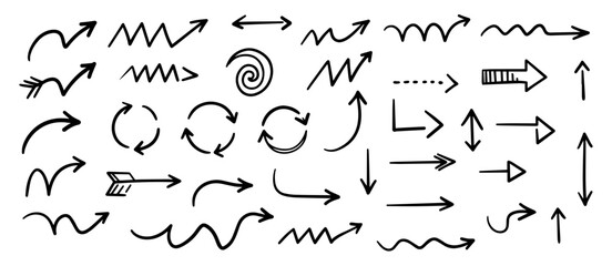 Naklejka premium Modern collection of sketched directional arrows with organic, flowing designs. Includes circular, zigzag, and curved variations ideal for digital content, social media, and marketing materials.