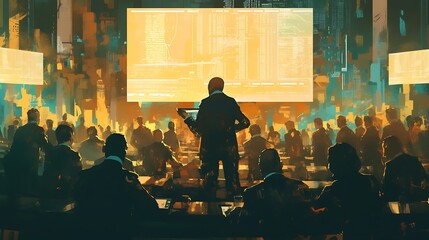 Investors from all over the world discuss the stock market, colorful anime style