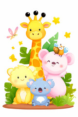 Naklejka premium Cute animals in a jungle scene
