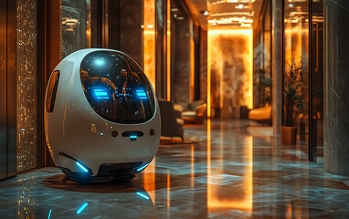 Fototapeta premium Robotic Security Unit Patrolling High-Tech Corporate Office 