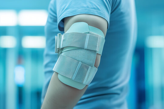 Elbow dislocation injury treatment. Joint recovery. Pain diagnosis. Image of an arm in a sling following an elbow dislocation.