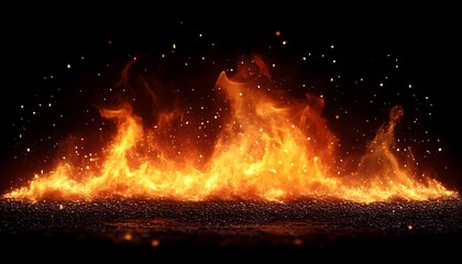 Fire burns on surface, dark backdrop, sparks fly