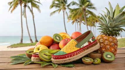 A pair of colorful flats emerges from a pile of tropical fruits.