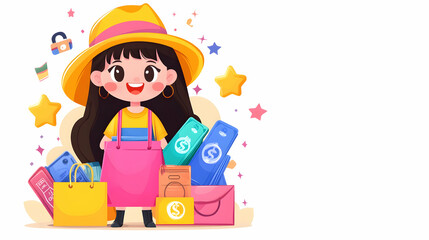 Cute Girl Shopping, Colorful Scene